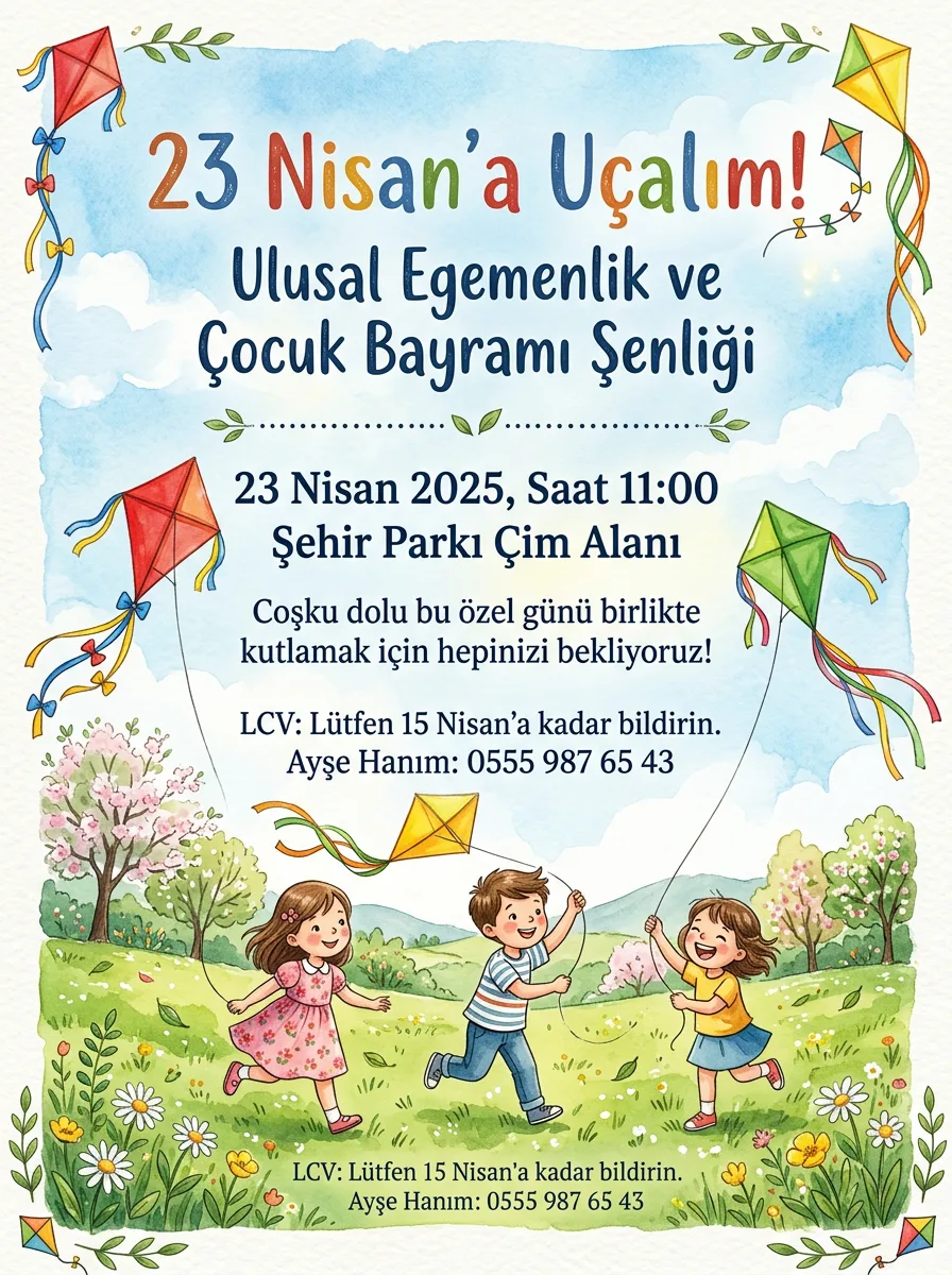 23 Nisan uçurtma temalı davetiye örneği