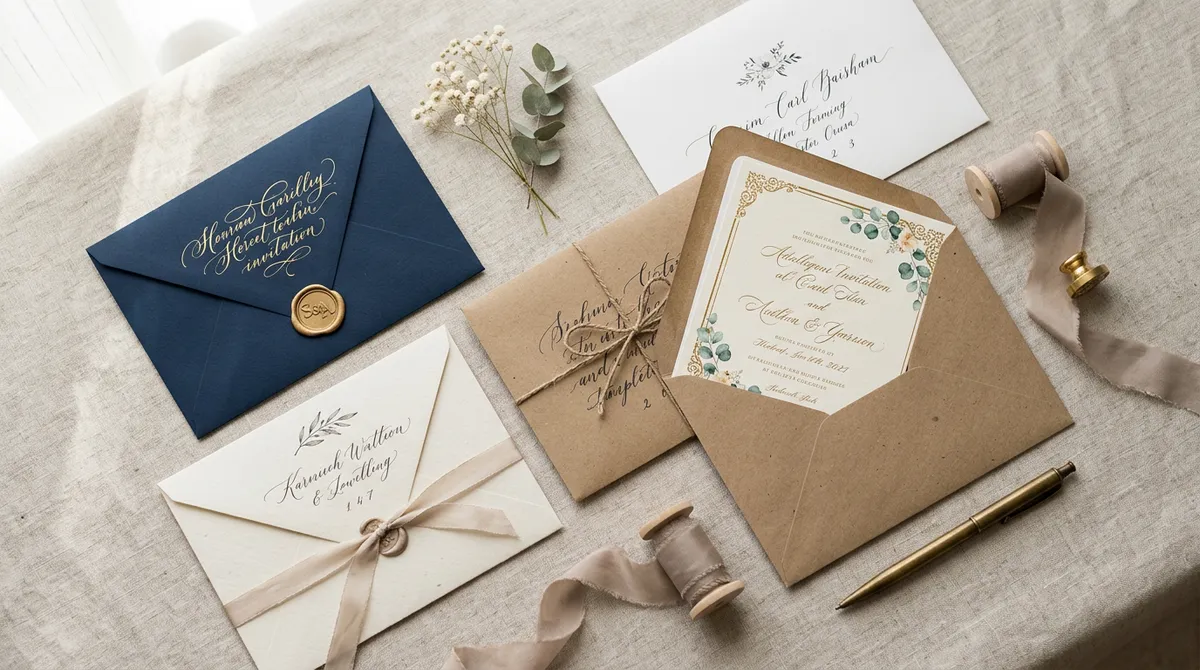 Altın varak kaligrafi ile yazılmış lacivert davetiye zarfı.