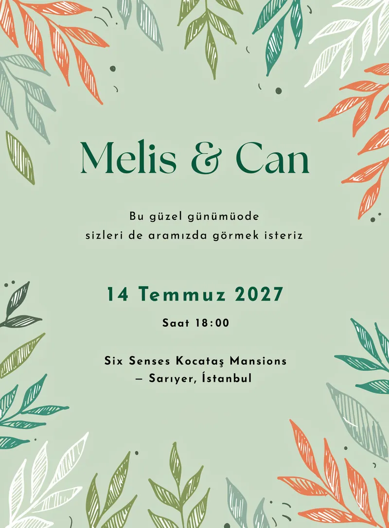 Açık yeşil arka planlı yaprak desenli minimal düğün davetiyesi