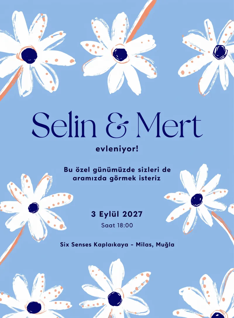 Bebe mavi arka planlı papatya çiçekli minimal düğün davetiyesi