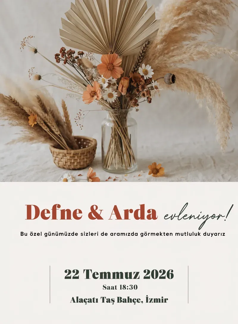 Bej ve terracotta tonlarında bohem düğün davetiyesi