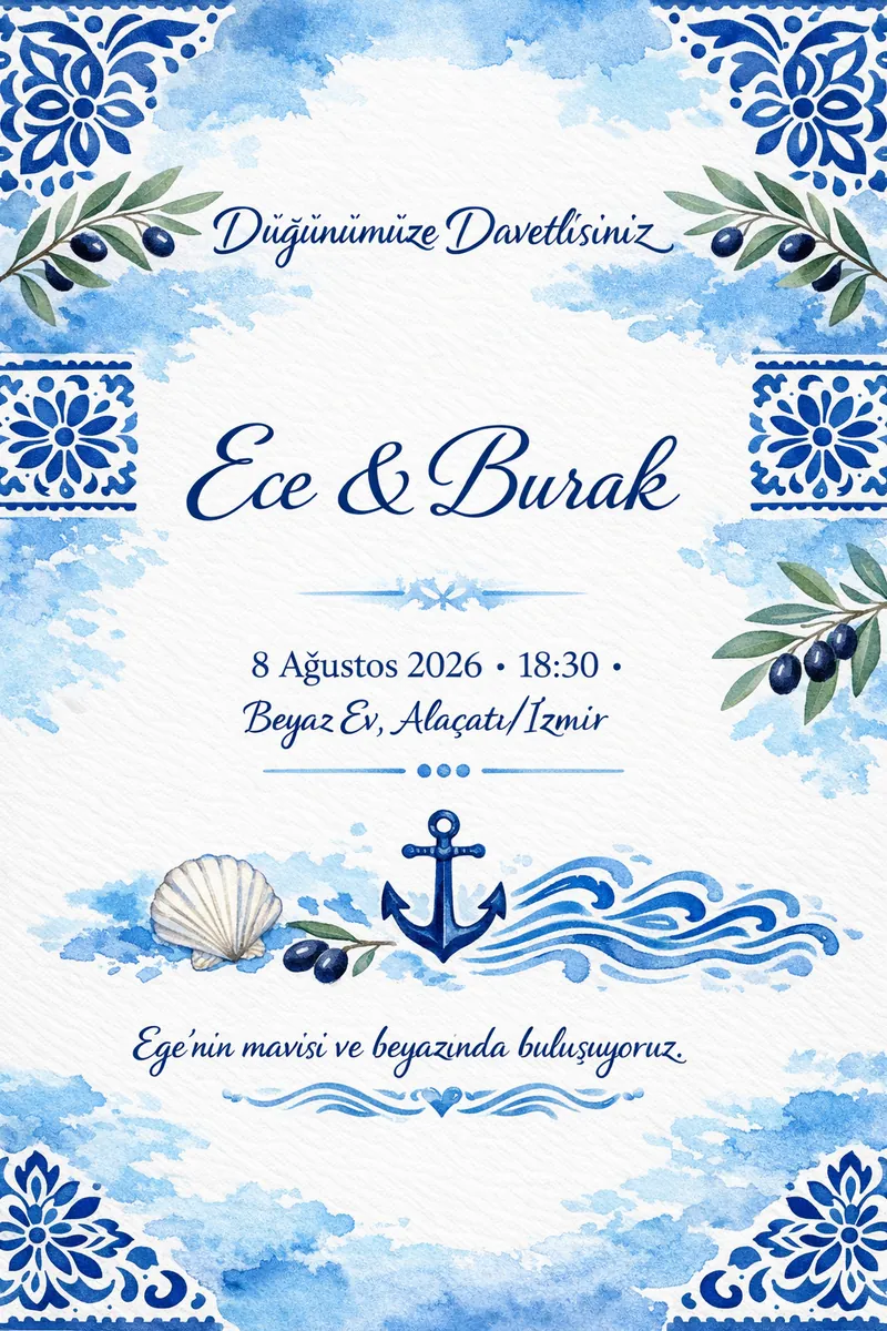 Ege mavi beyaz düğün davetiyesi