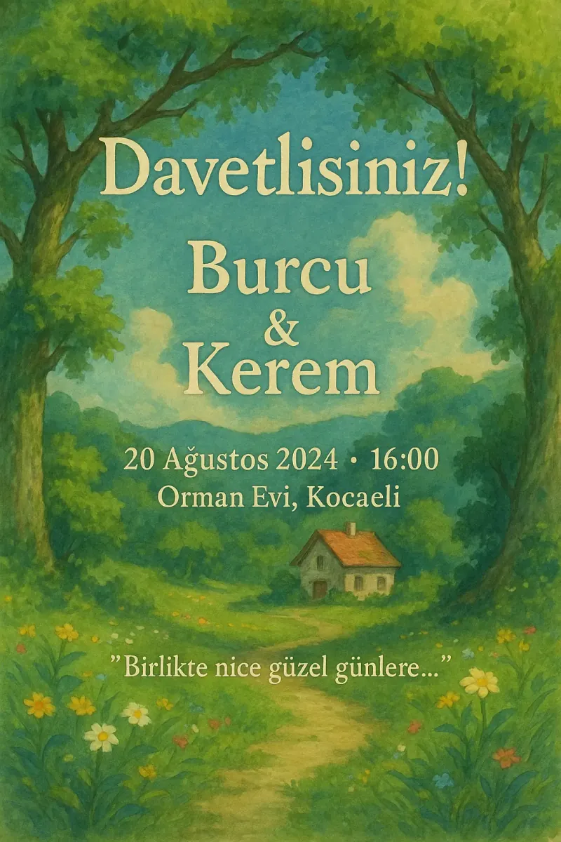Ghibli tarzında pastoral doğa manzaralı, Burcu ve Kerem'e ait düğün davetiyesi