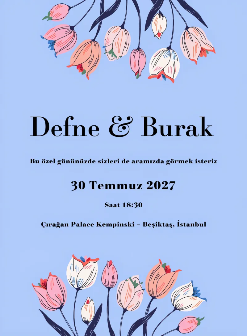 Gök mavisi arka planlı lale aksanlı minimal düğün davetiyesi