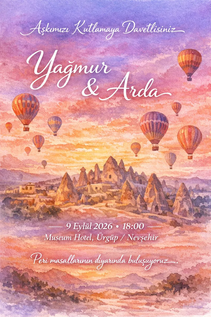 Kapadokya balonlu masalsı düğün davetiyesi