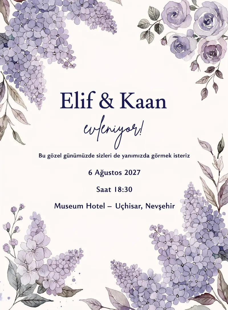 Lavanta ve lila çiçekli romantik bahçe düğün davetiyesi