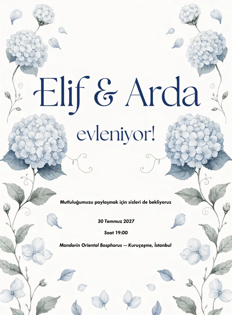 Yumuşak mavi ortanca çiçekli romantik düğün davetiyesi