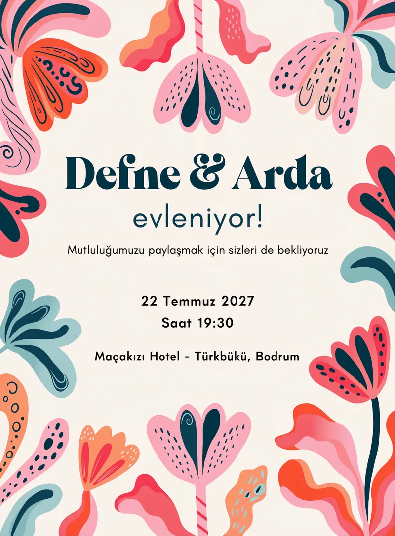Mercan tonlarında çiçek illüstrasyonlarıyla hazırlanmış modern düğün davetiyesi