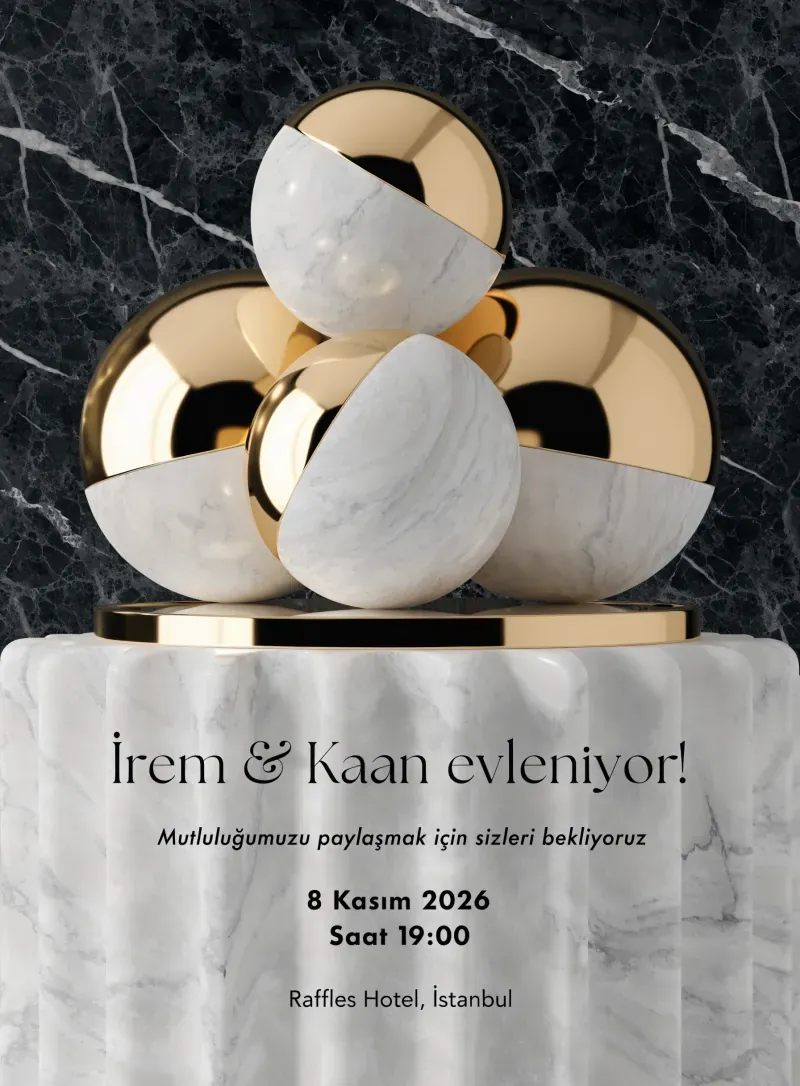 Beyaz mermer dokulu altın detaylı lüks düğün davetiyesi