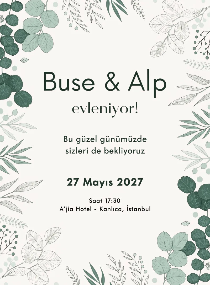 Okaliptus yapraklarıyla hazırlanmış minimalist botanik düğün davetiyesi