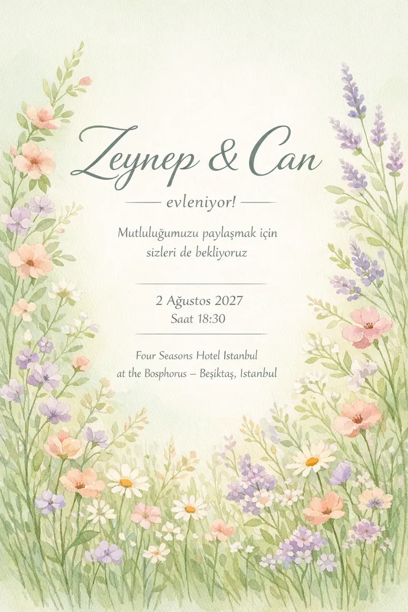 Pastel kır çiçekleriyle süslenmiş doğa temalı düğün davetiyesi