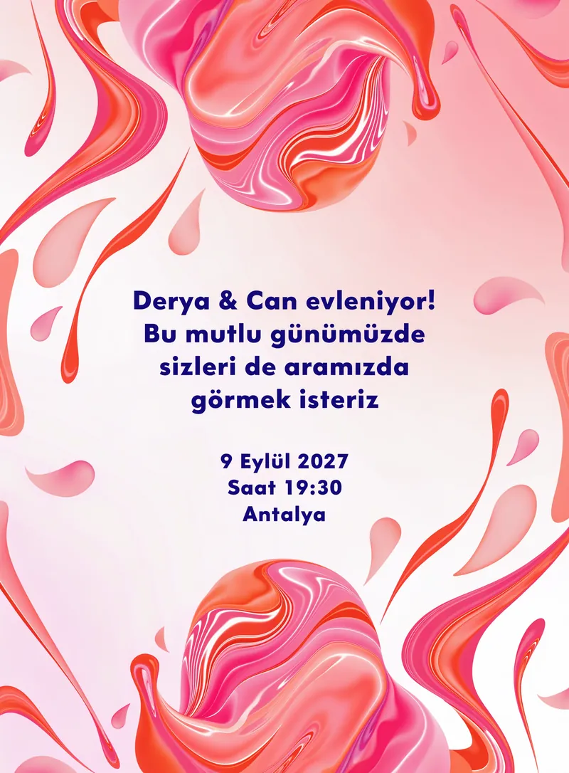 Pembe ve turuncu soyut çiçek formlu trend düğün davetiyesi