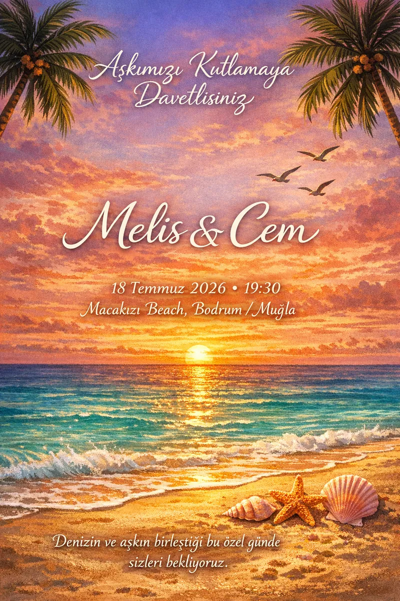 Gün batımında sahil manzaralı düğün davetiyesi