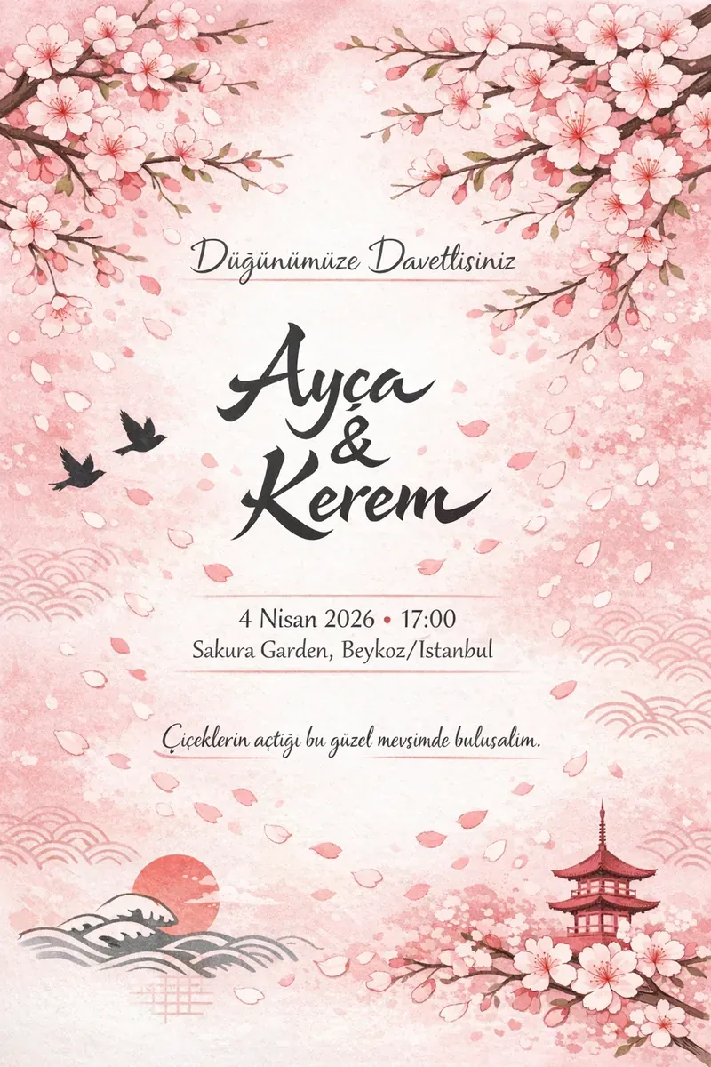 Sakura çiçekli Japon temalı düğün davetiyesi