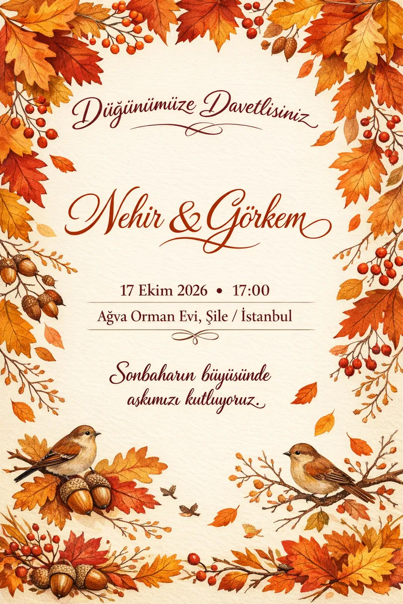 Sonbahar yapraklı düğün davetiyesi