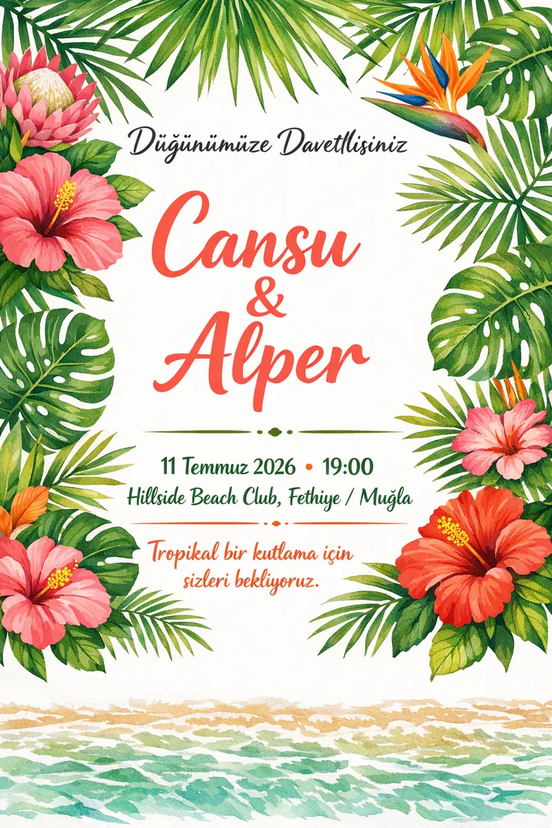 Tropikal palmiye yapraklı düğün davetiyesi