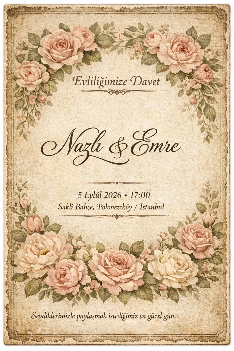Vintage çiçek çerçeveli nostaljik düğün davetiyesi