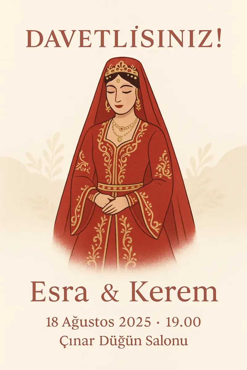 Kırmızı bindallı gelin illüstrasyonlu, doğal figürlerle süslenmiş kına davetiyesi