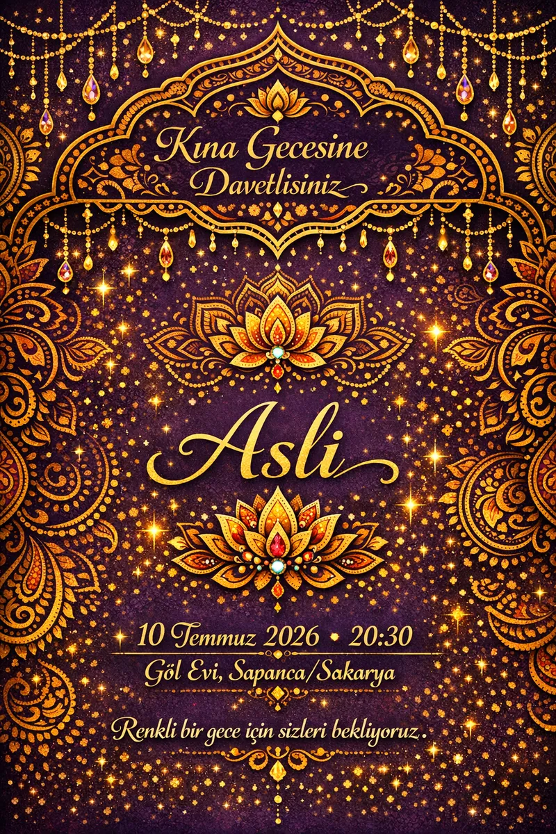 Hint kınası desenli egzotik kına davetiyesi