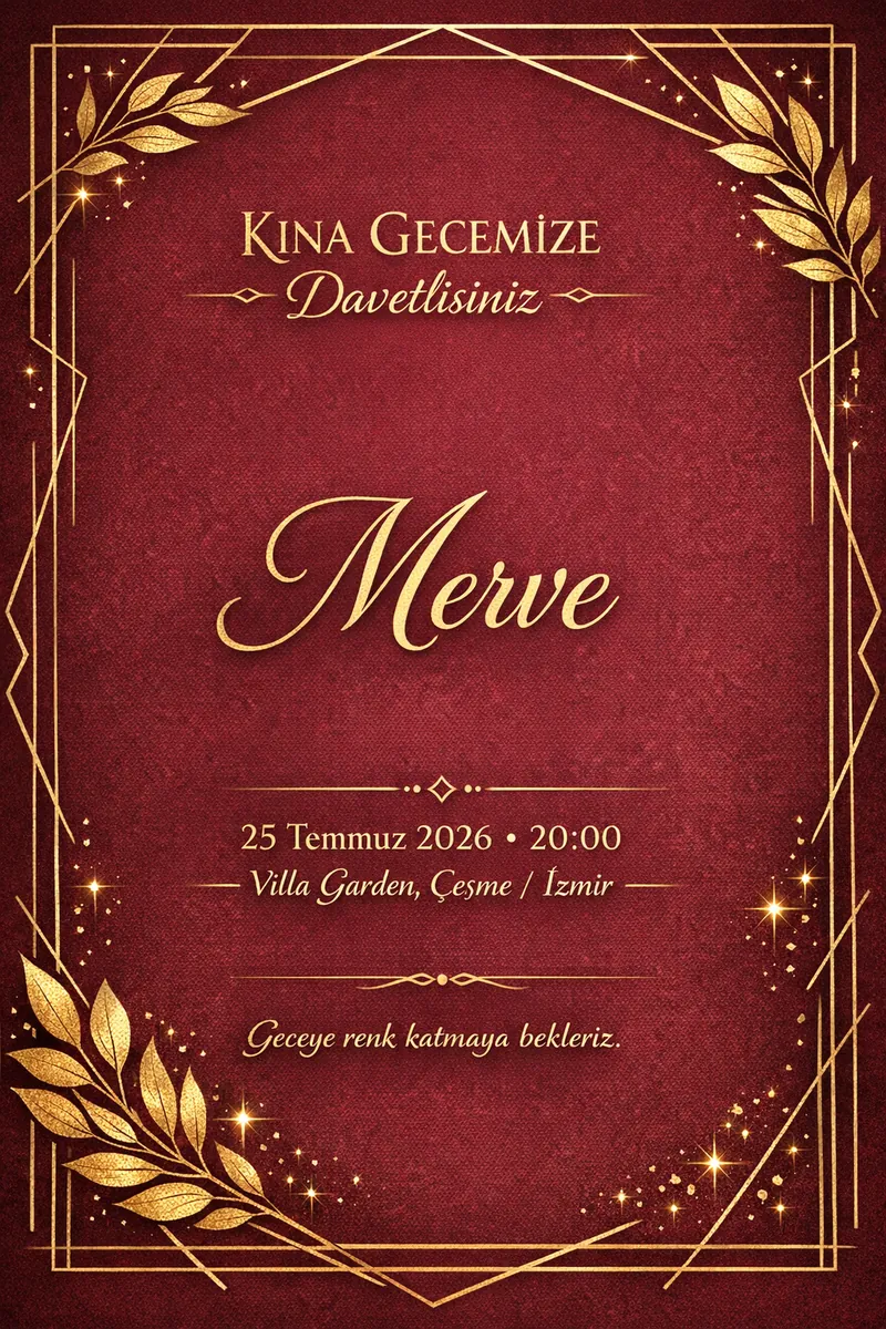 Modern kırmızı altın kına davetiyesi