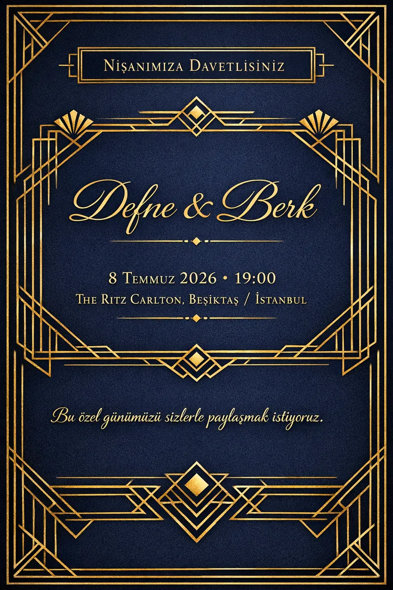 Altın geometrik desenli modern nişan davetiyesi