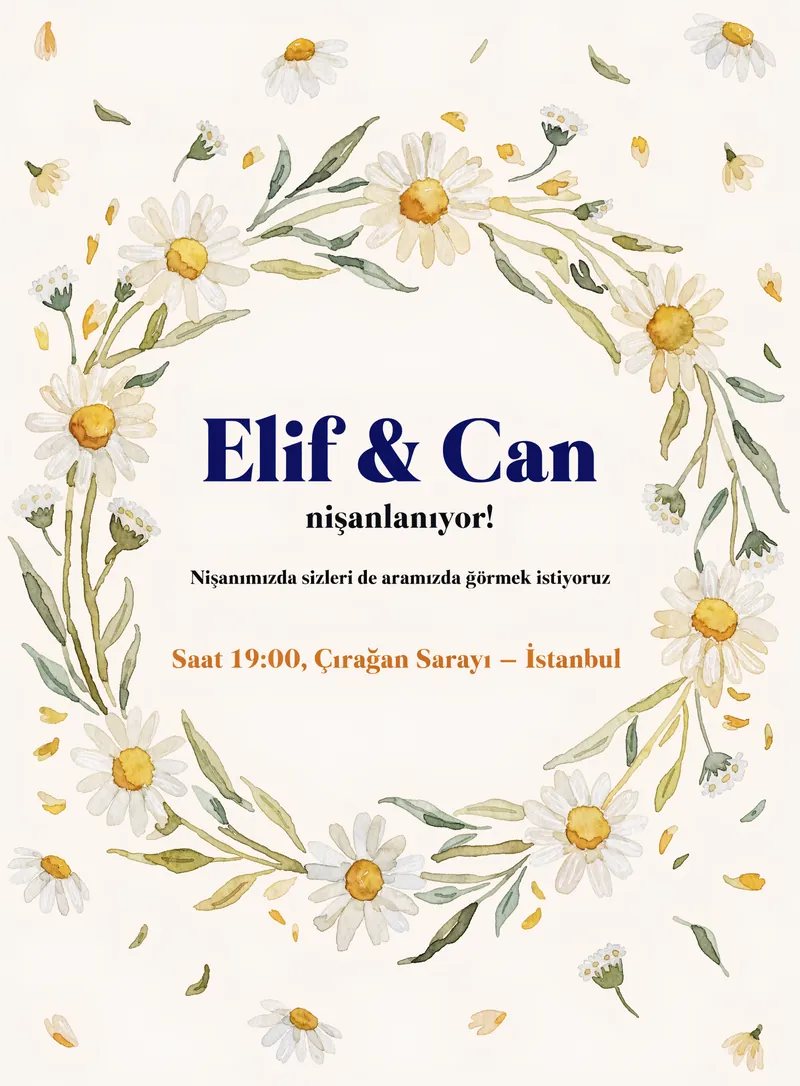 Suluboya papatya çelengi ve el yazısı tipografiyle süslenmiş nişan davetiyesi