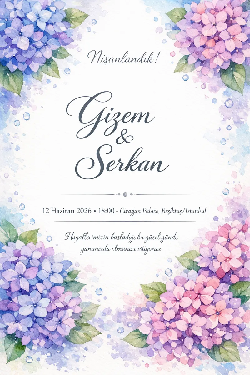 Suluboya ortanca çiçekli nişan davetiyesi